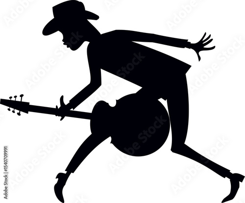 Singing guitar player. Art silhouette. 
Guitarist plays electric guitar and sings. Black on white background
