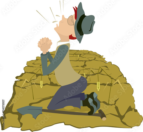 Sad farmer. Drought on the farmer field.
Agriculture in danger. Kneeling farmer prays for rain. Concept on the theme of drought, global warming, lack of water for irrigation
