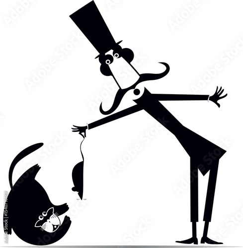 Man in the top hat holds a rat or mouse near a cat.
Cartoon long mustache gentleman in the top hat holds rat or mouse by tail above the head of the cat. Black and white illustration
