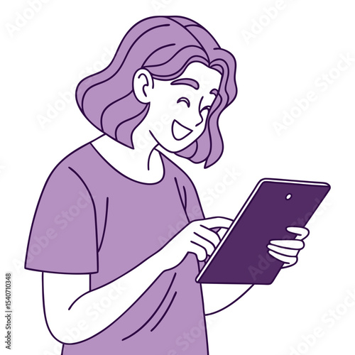 Smiling young woman enthusiastically uses a tablet for something interesting in monochrome