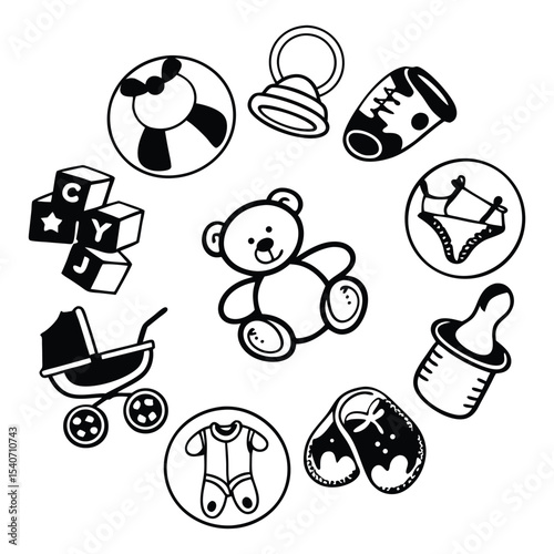 Black and White Baby Toys and Accessories in a Circular Arrangement