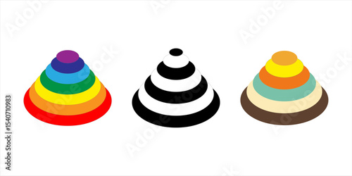 Set three abstract stacked cone shapes: rainbow, black and white,  pastel, for posters, presentations, and playful branding , vector