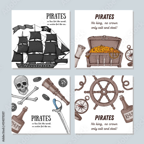 Pirate adventure set. Banner collection. Hand drawn vector illustration. Sea design template. Sketch elements for pirate-marine theme design. Pirates ship, skull winth crossbones sketch