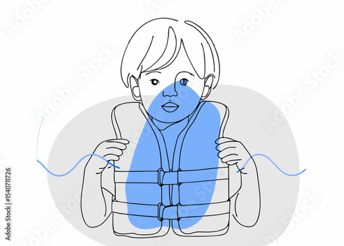 Child wearing life vest, line art illustration, for safety awareness campaigns