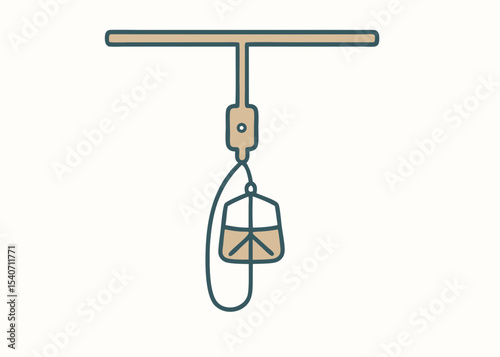 Tea bag hanging on a string, simple line art illustration, beige and blue, for packaging design
