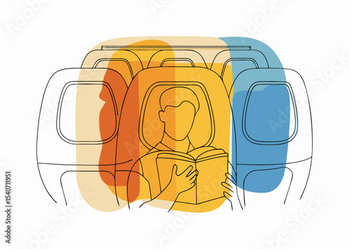 Passenger reading book on airplane, in line art style, with copy space