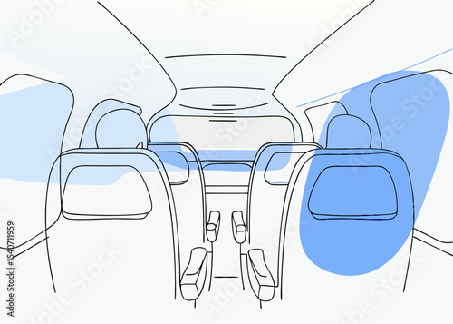Airplane cabin interior, line art style, blue accents, for travel safety brochures