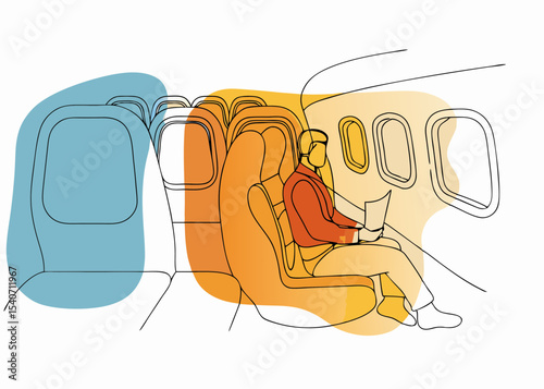 Passenger reading on airplane, in line art style, with copy space