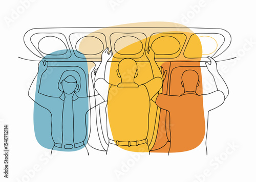 Airplane maintenance crew working on overhead compartments, in a minimalist style, with copy space