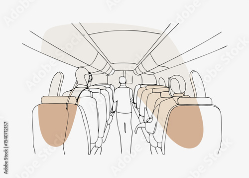 Airplane cabin, minimalist line art, neutral tones, for travel brochures
