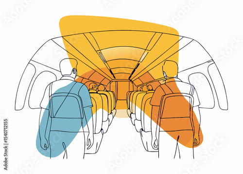 Airplane passengers seated, in warm colors, for travel brochures