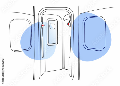 Airplane cabin entrance, line art illustration, blue accents, for safety instructions