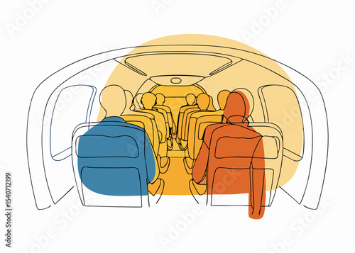 Passengers seated on a plane, line art style, in warm colors, for travel safety illustrations