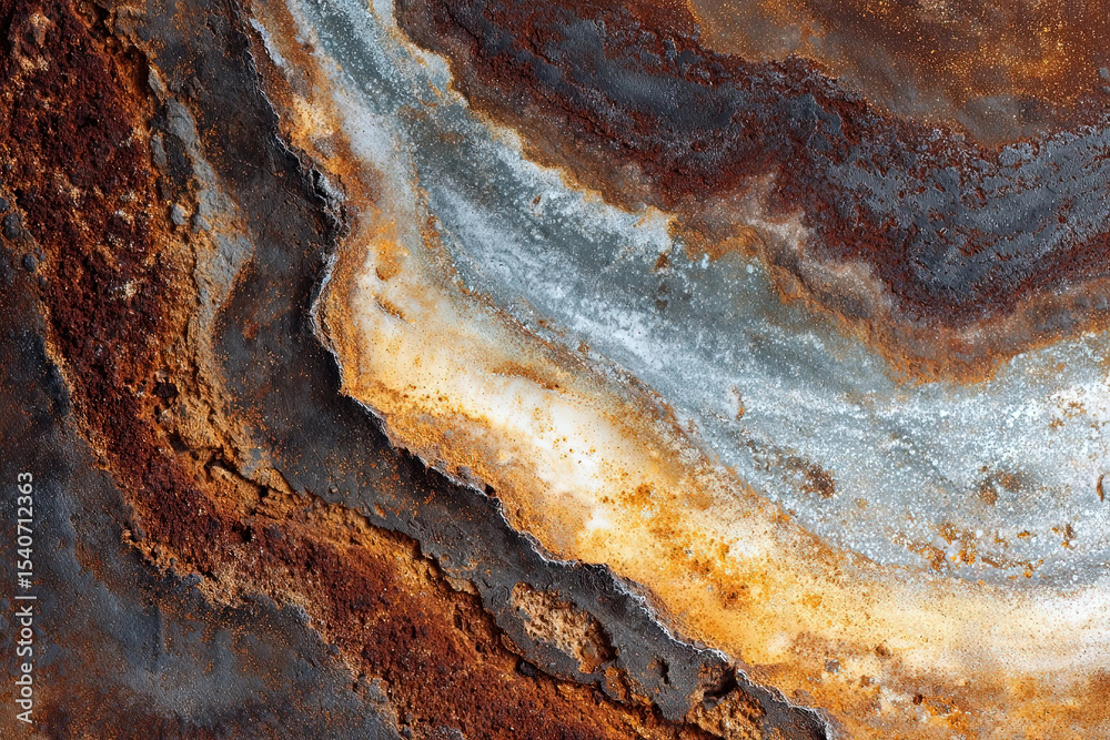 Fototapeta premium Close-up of mineral formations on rusted metal surface with detailed textures