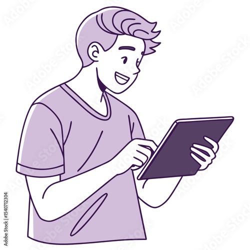 Smiling young man with purple hair intently uses a digital tablet device