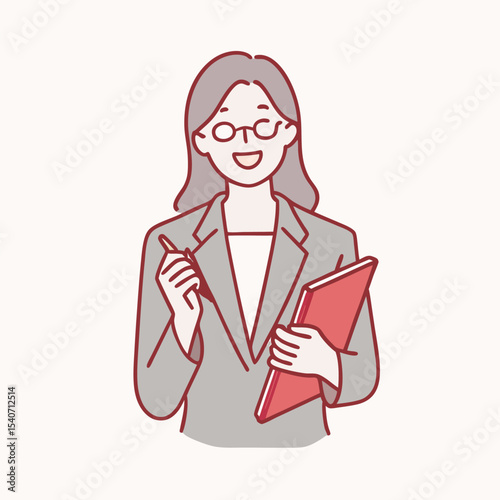 Smiling woman in a blazer holds a pen and red folder confidently