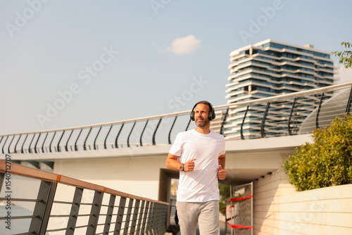 Man jogging along modern wa...