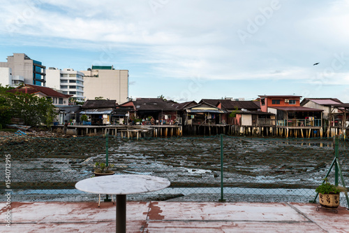 Stilt houses at low tide in Georgetown, Malaysia