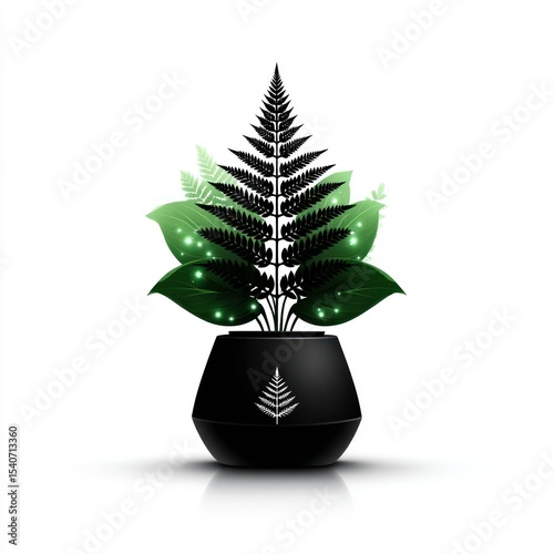 Black fern plant in a pot.  Silhouette