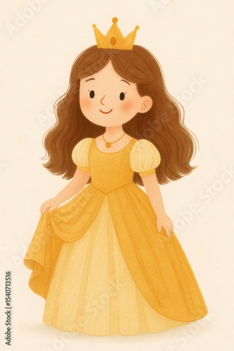 Young princess sporting golden crown, wearing elegant yellow gown, posing with regal charm for children's storybook imagery