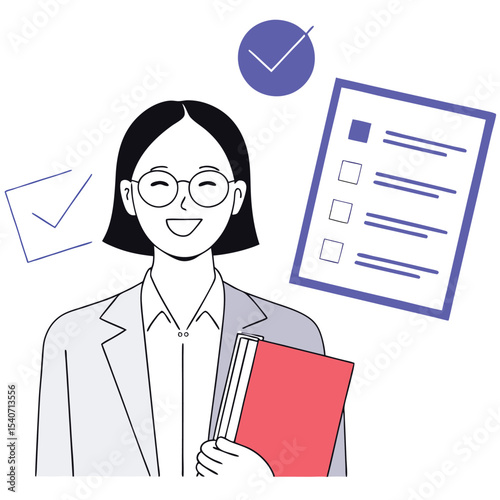 Smiling asian businesswoman holds a red folder near a clipboard with checkmarks surrounding her