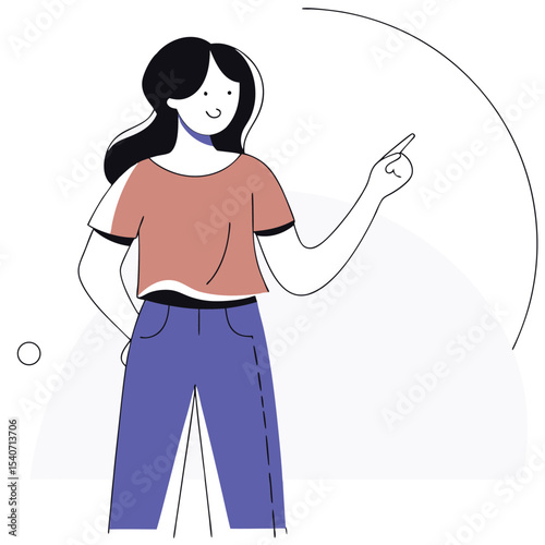 Smiling woman with black hair points to a spot beside a white background
