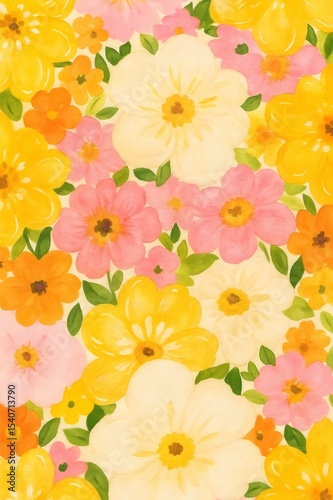 Vintage inspired floral pattern with pink, yellow, orange blooms and green foliage repeating across soft cream surface