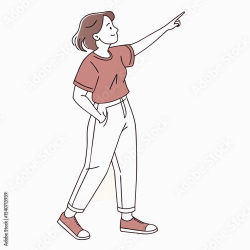 Young woman confidently pointing upward while exploring, her posture suggesting anticipation and curiosity