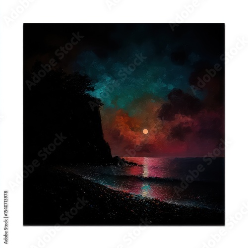 Dramatic coastal sunset, vibrant colors, dark silhouette