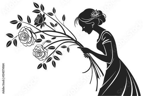 Silhouette of an elegant woman tenderly holding a bouquet of roses with leafy branches