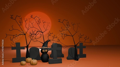 Halloween cat in graveyard with trees and pumpkins 