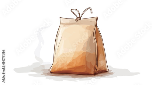 A digital illustration depicting a standing, light brown paper bag of coffee beans. The bag is tied with a simple twine at the top.  A light brown gradient effect suggests depth and warmth. 