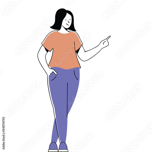 Cheerful brunette woman stands casually while pointing with confident expression in white studio