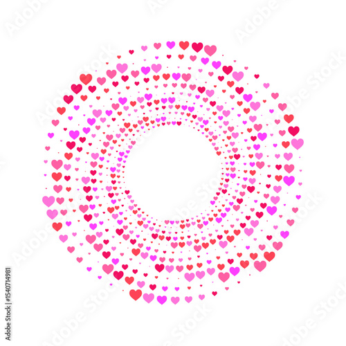A vibrant abstract circular frame  composed of pink, magenta, and red hearts