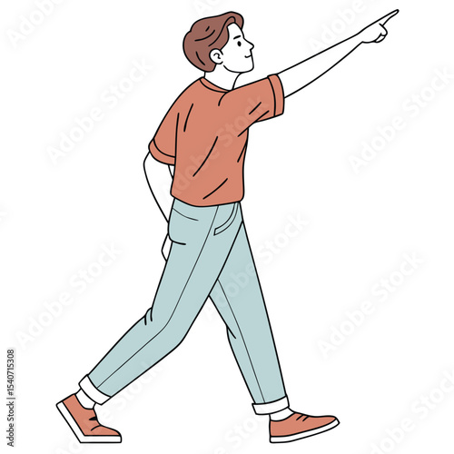 Young adult man looks ahead and confidently points forward while walking