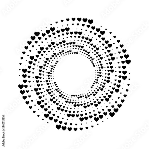A vibrant abstract circular frame  composed black hearts