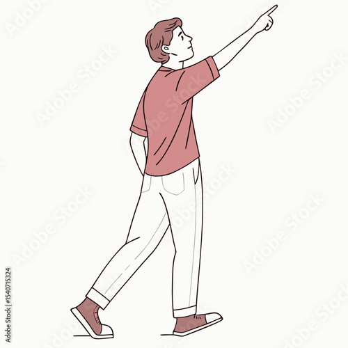 Attractive Caucasian man walks while pointing to the sky with a cheerful facial expression