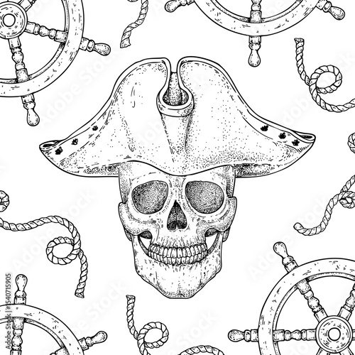 Pirate skull sketch. Hand drawn vector illustration. Pirate skull wearing a tricorn hat. Vintage design.