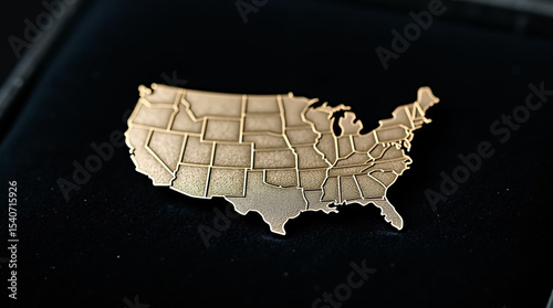 A golden map of the united states, intricately detailed with state lines, resting on a luxurious black velvet surface