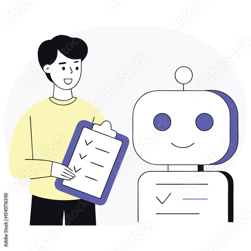 A cheerful man reviews clipboard data next to a compliant robot in minimalist style