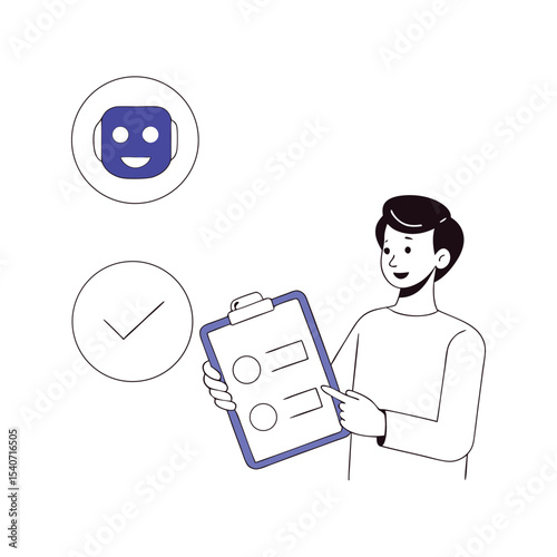 Young man checks the checklist held on a clipboard with AI bot icon above