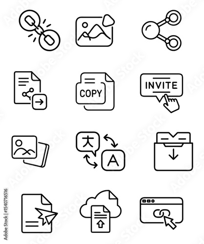 Collection of communication and sharing icons depicting various digital interactions and tools