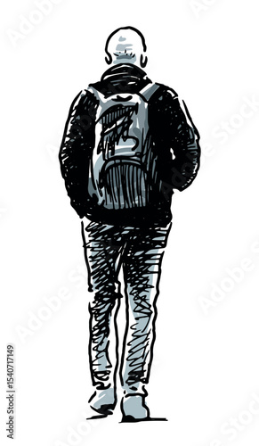 Sketch of one casual man pedestrian with backpack walking outdoors, back view, realistic outline hand drawn vector illustration isolated on white
