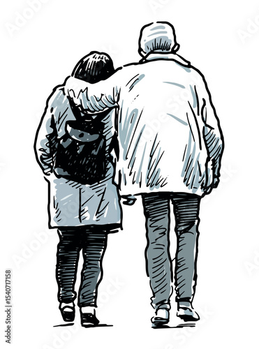 Sketches of couple casual elderly people, city pedestrians walking outdoors, back view, realistic hand drawn vector illustration isolated on white