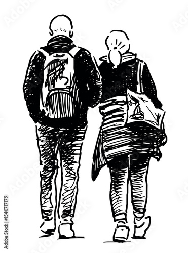 Sketches of couple casual city pedestrians walking outdoors, tourists, back view, realistic outline hand drawn vector illustration isolated on white