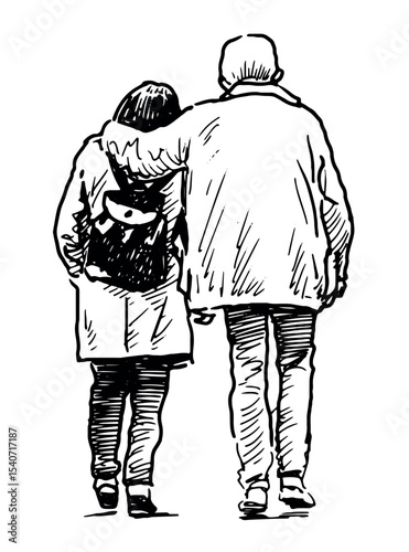 Sketches of couple casual elderly people, city pedestrians walking outdoors, back view, realistic outline hand drawn vector illustration isolated on white