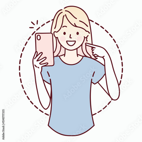 Smiling blonde woman uses phone to a quick selfie, posing in a casual shirt