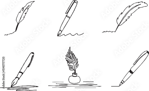 A black and white hand-drawn illustration set featuring various writing instruments, including fountain pens and quill pens.