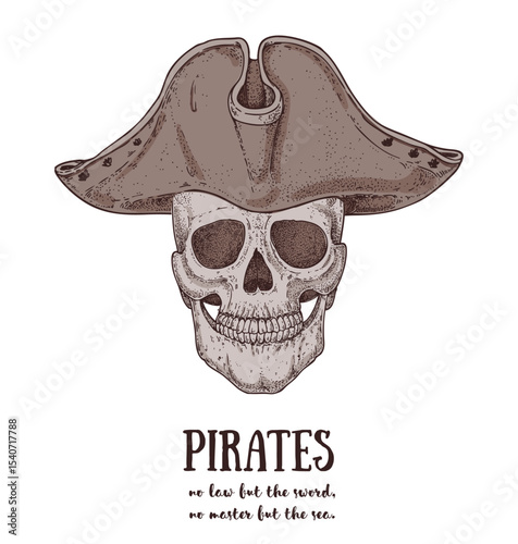 Pirate skull sketch. Hand drawn vector illustration. Pirate skull wearing a tricorn hat. Vintage design.