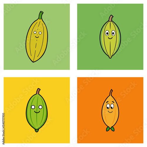 Four panels showing cartoon cardamom pods with faces on green yellow and orange backgrounds displayed nicely